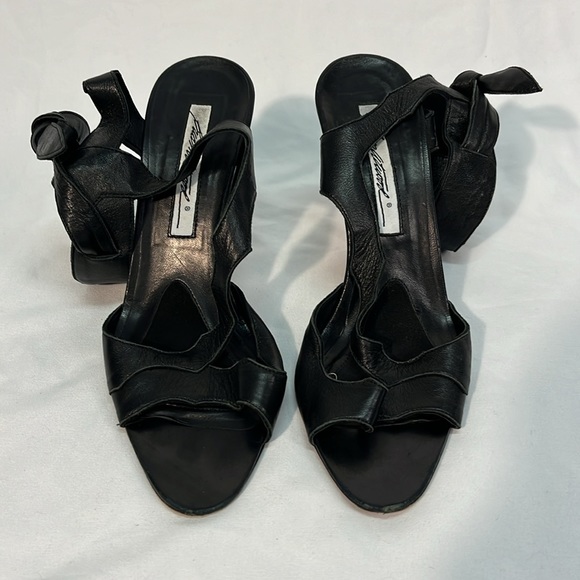 Brian Atwood Black Leather Stilettos Asymmetrical with Ankle Tie - Picture 8 of 14